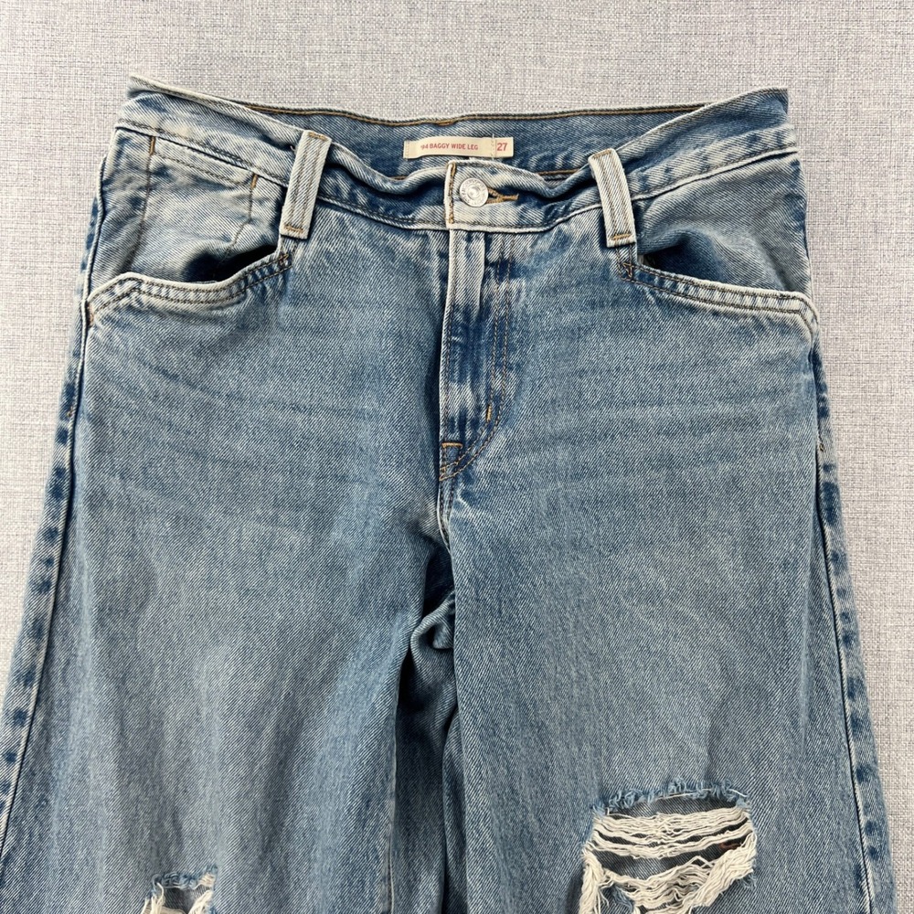 Levis 94 Baggy Wide Leg Distressed Jeans Light Wash Blue Womens 27 (W30 x L30) - Picture 8 of 14